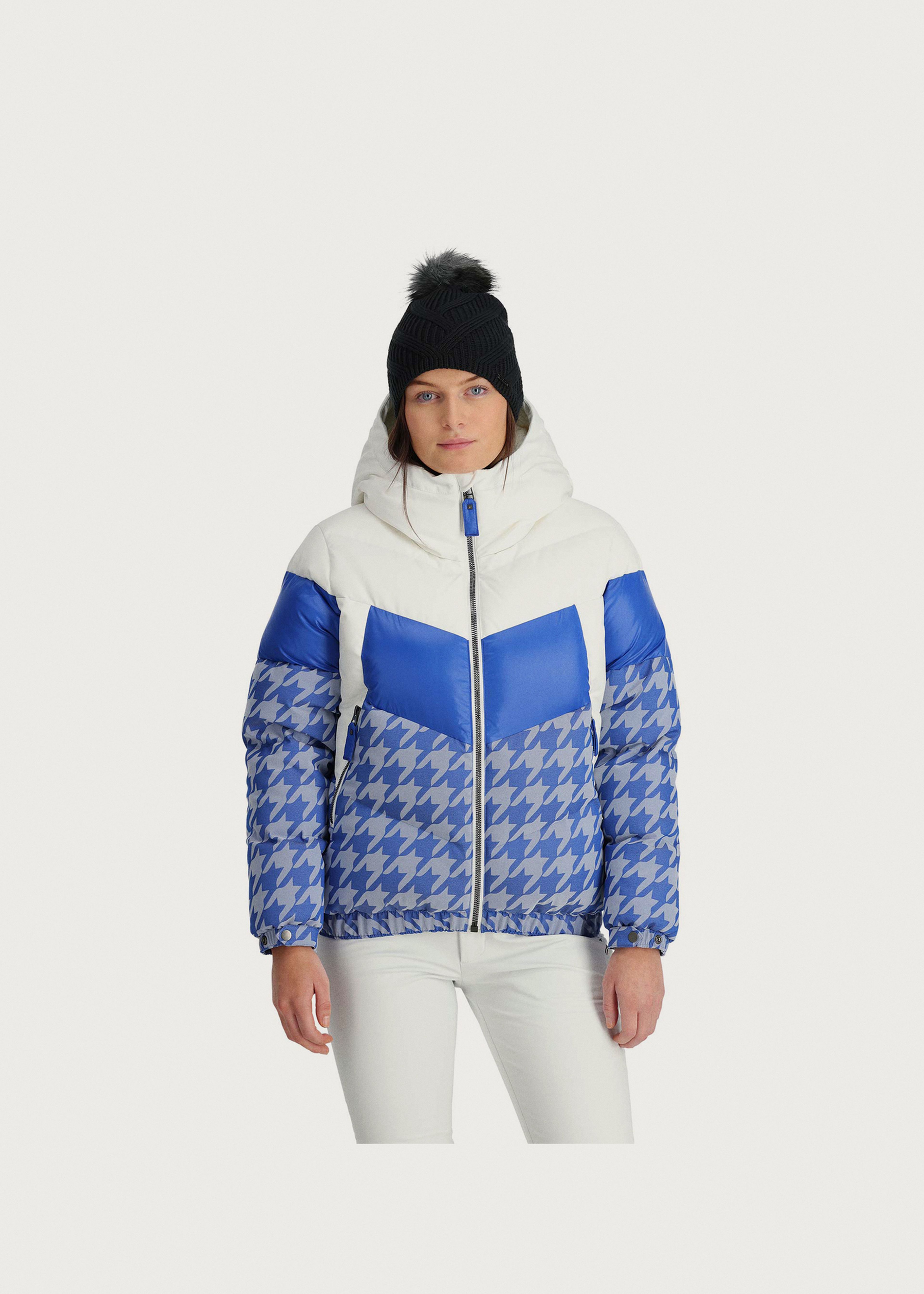 ゾーイ ダウンベスト 白×ネイビー 地模様 ジップ上英字 ダウン90％ Spyder Eastwood Down Jacket