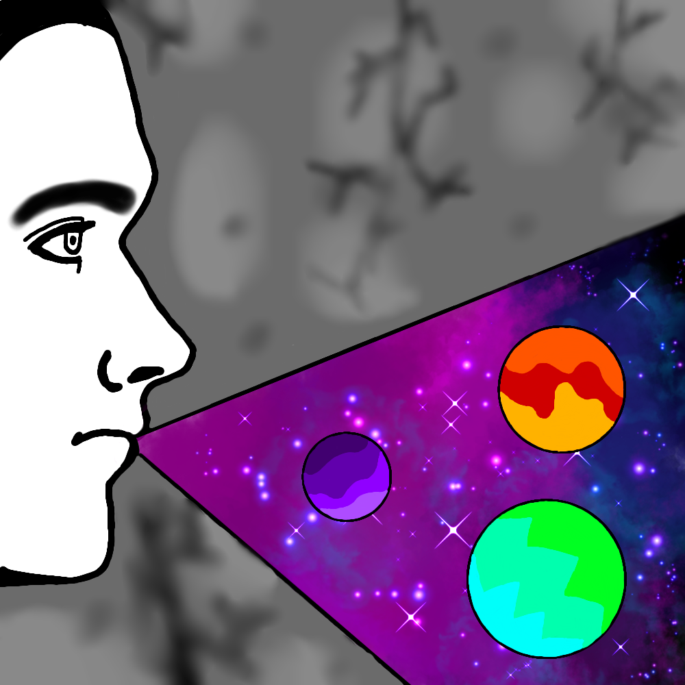 A black-and-white profile of a person gazing at a colorful cosmic scene with three planets on a vibrant purple and blue background.