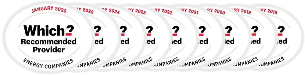 Series of nine "Which? Recommended Provider" badges for energy companies, dated January 2018 to January 2026.