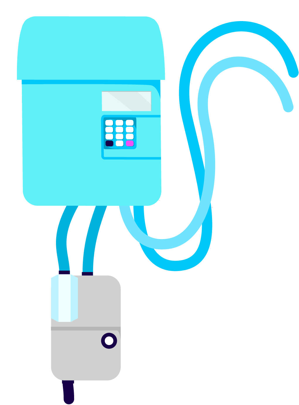 Illustration of a blue smart meter with a keypad and a smaller grey unit below.