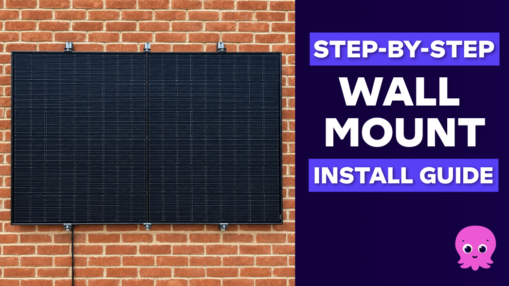 Solar panels mounted on a red brick wall; text reads "Step-by-Step Wall Mount Install Guide" with a cartoon octopus icon.