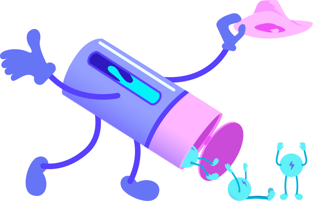 Illustration of a battery dropping off electrons. It is giving a thumbs up and waving a hat