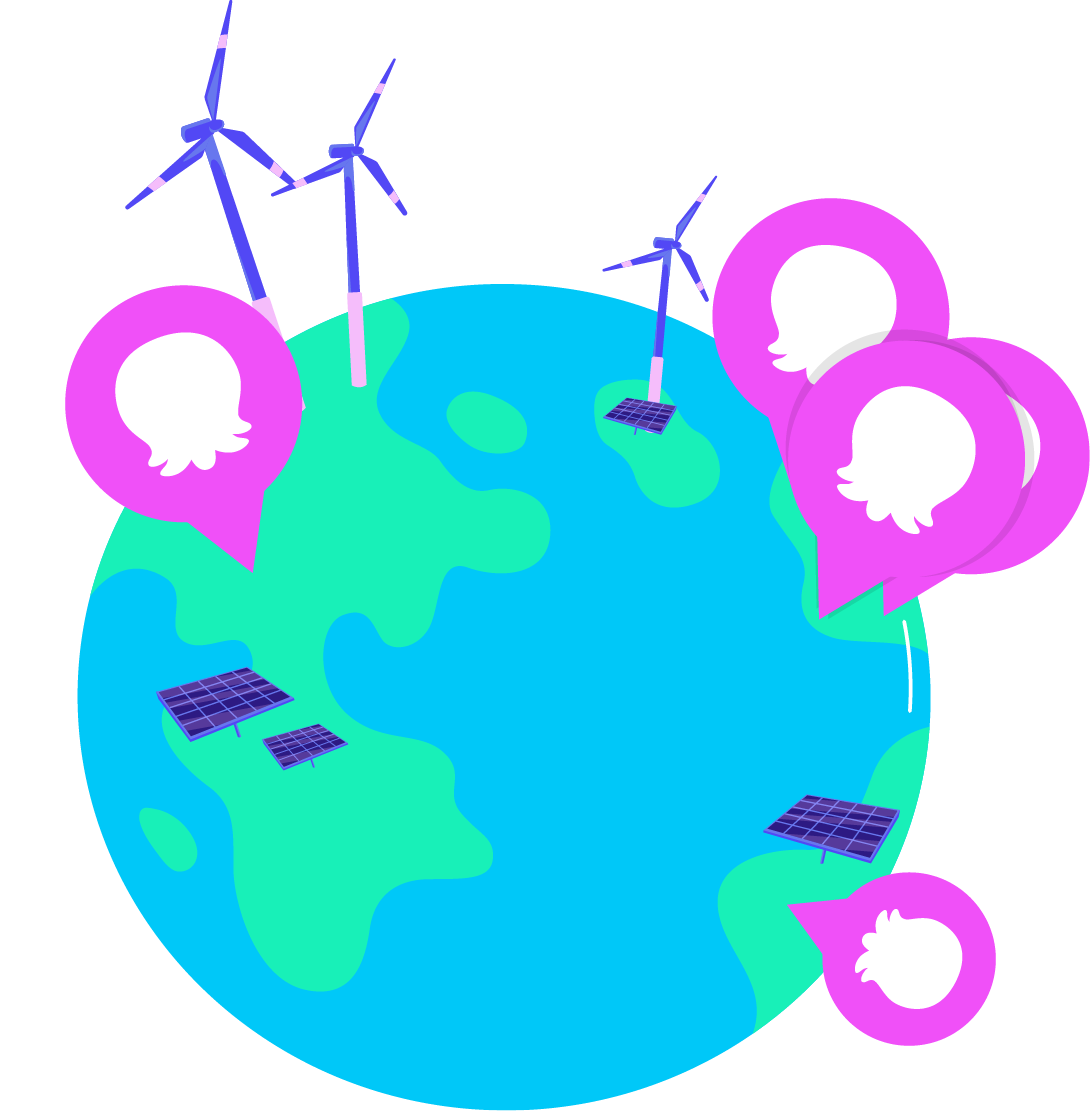 Illustration of Earth with wind turbines and solar panels. Pink map pins with silhouettes indicate locations, symbolizing renewable energy and connectivity.