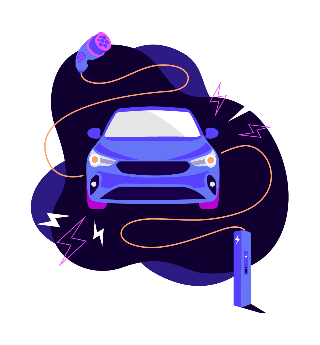 Illustration of a blue electric car connected to a charging station with an orange cable, surrounded by electrifying symbols.