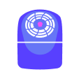 Illustration of a purple and blue electric fan, featuring a round vent with a central pink dot, set against a white background.