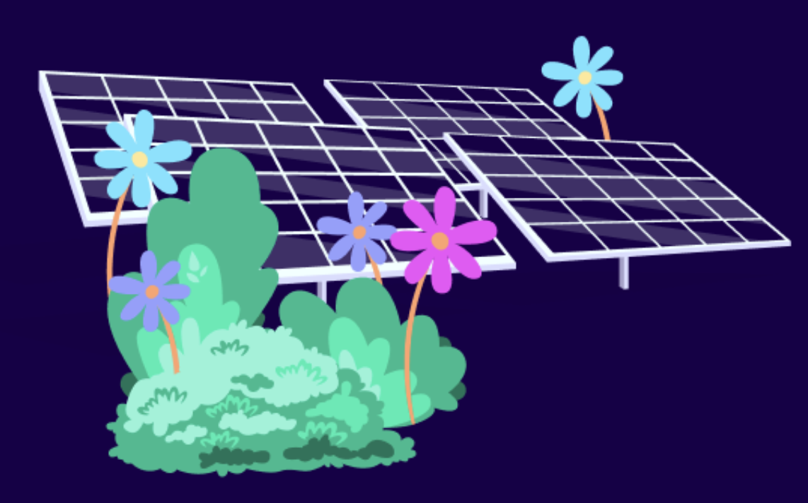 Illustration of solar panels surrounded by colorful flowers and green shrubs against a dark background.