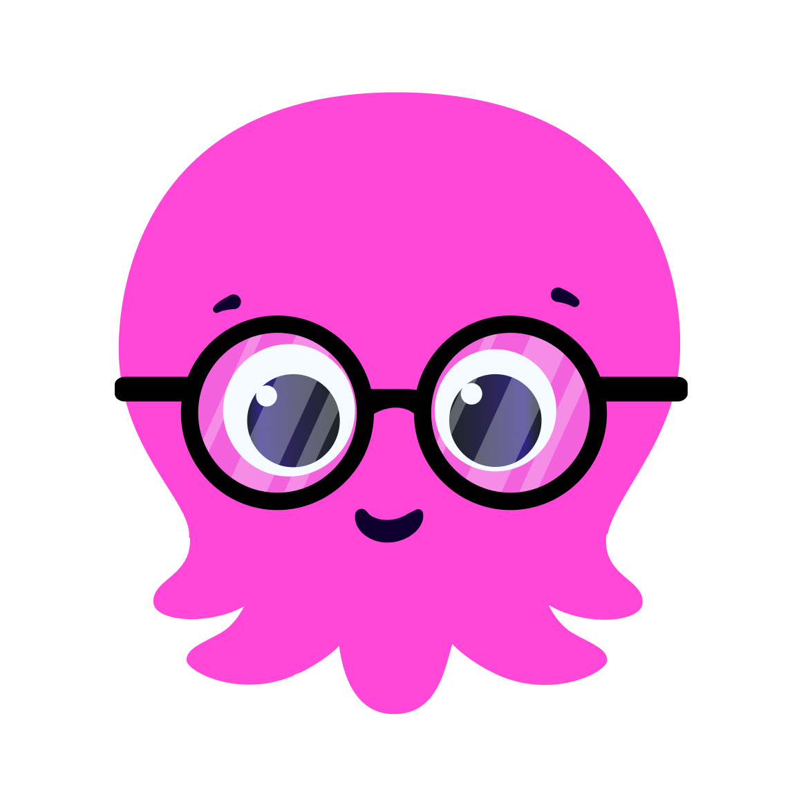A cute, cartoon pink octopus with large eyes and round glasses, smiling.