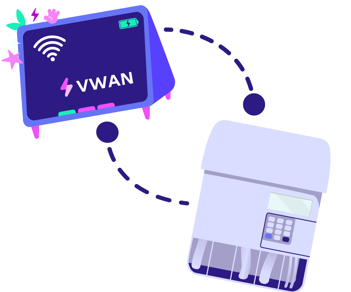 Illustration of a VWAN display with Wi-Fi symbol and a connected dispenser machine via a dashed line.
