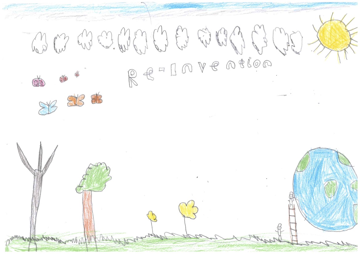 Child's drawing of a landscape with butterflies, trees, a yellow sun, and an Earth with a ladder. The word "Re-Invention" is written above.