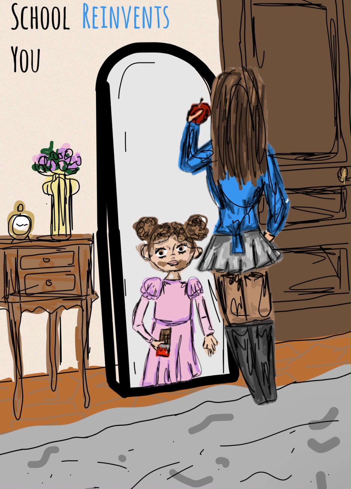 A woman standing in front of a mirror holds an apple. Her reflection shows a young girl holding a chocolate bar. Text reads, "School Reinvents You."