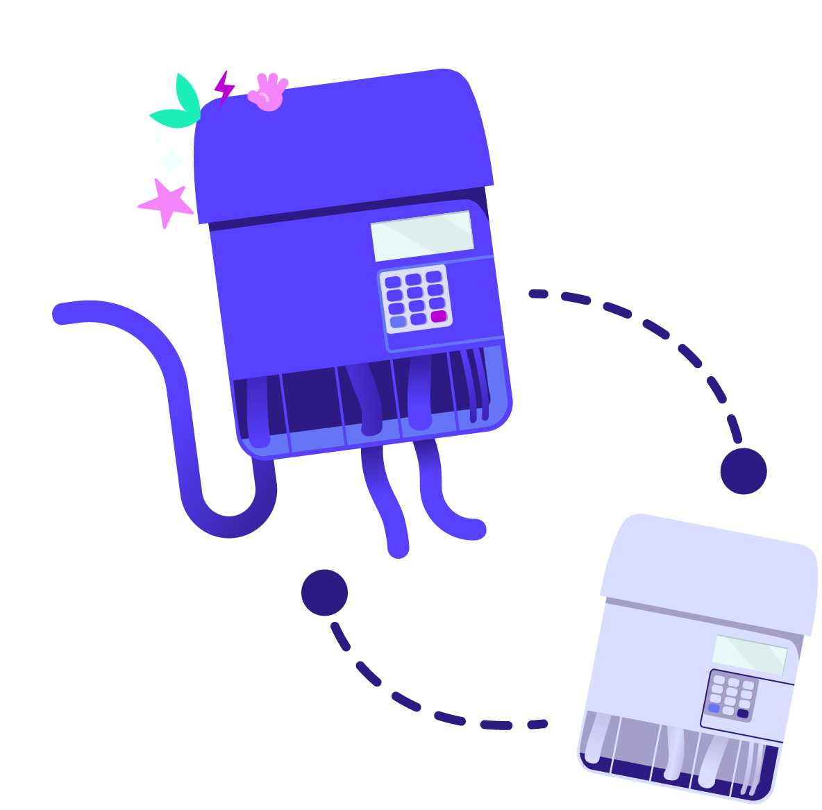 Two whimsical blue vending machines with legs and tails, connected by a dotted line; one has leaves and a star design on top.