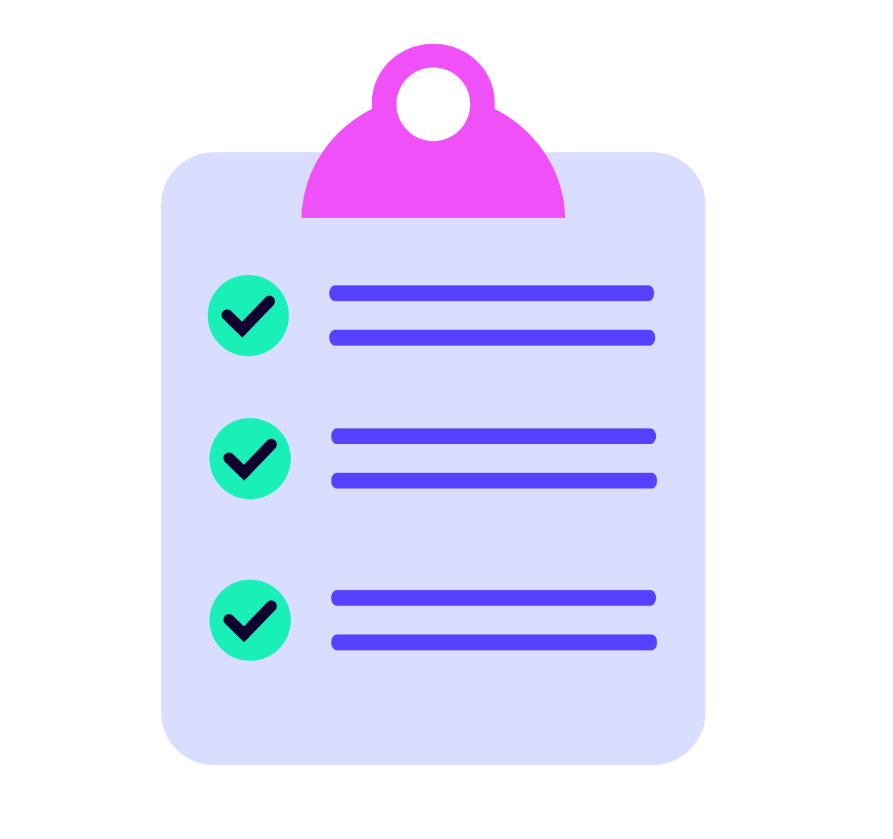 A purple clipboard with three teal checkmarks and blue lines, representing a completed checklist.