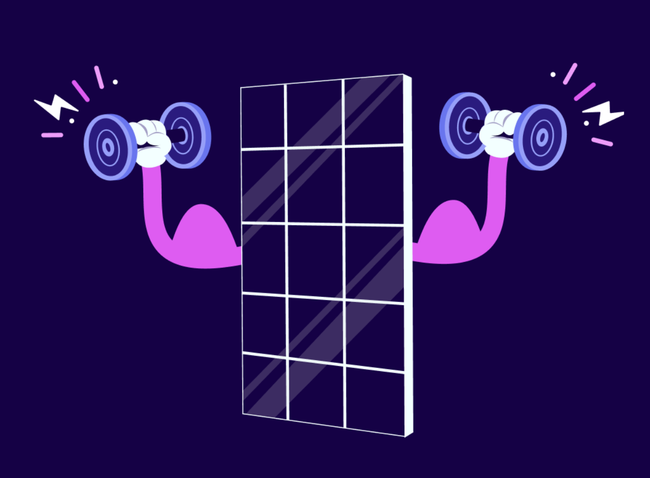 A cartoon solar panel with muscular pink arms lifting dumbbells against a dark purple background.