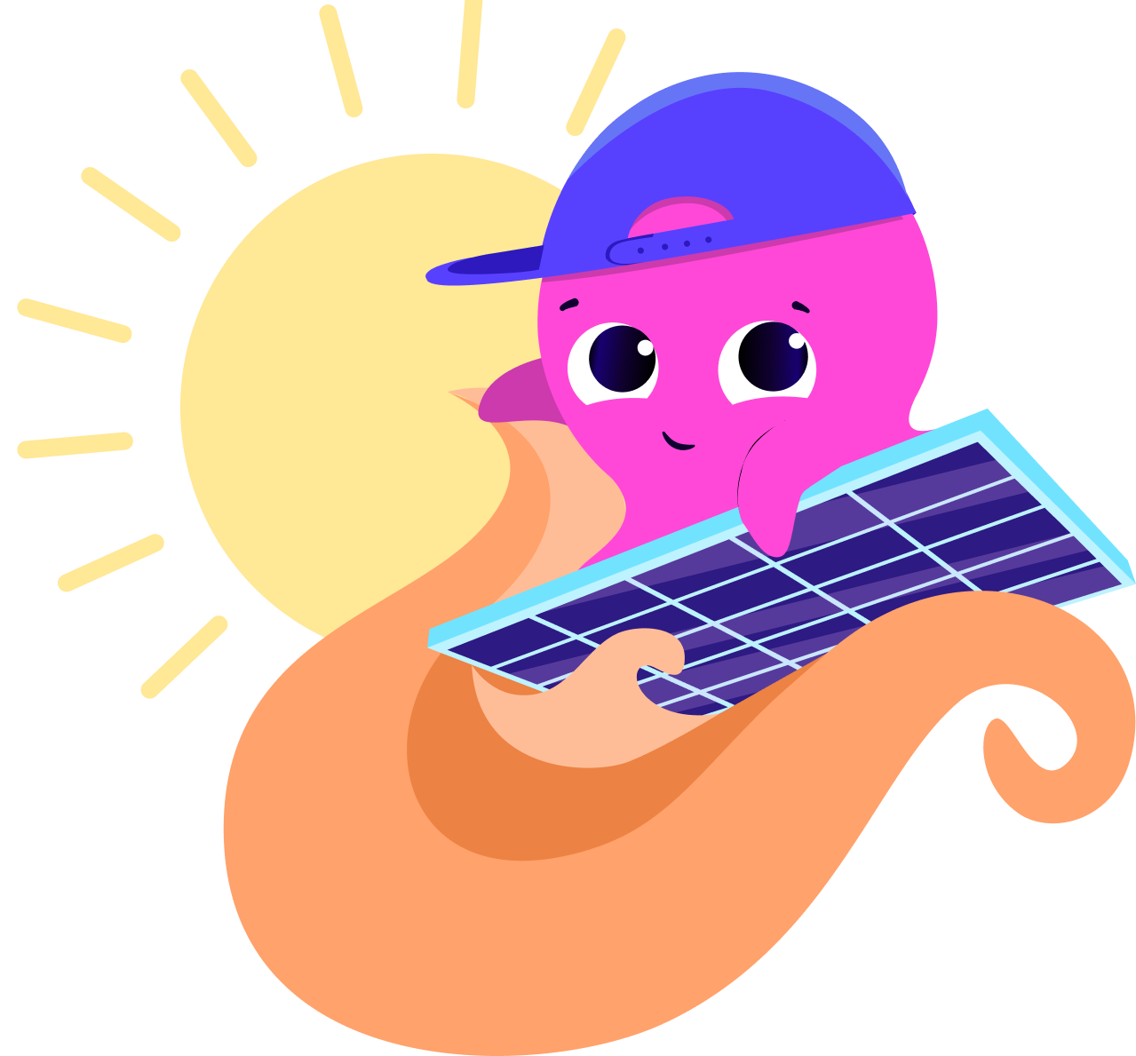 A cartoon pink octopus wearing a blue cap is holding a solar panel, with a bright sun in the background.