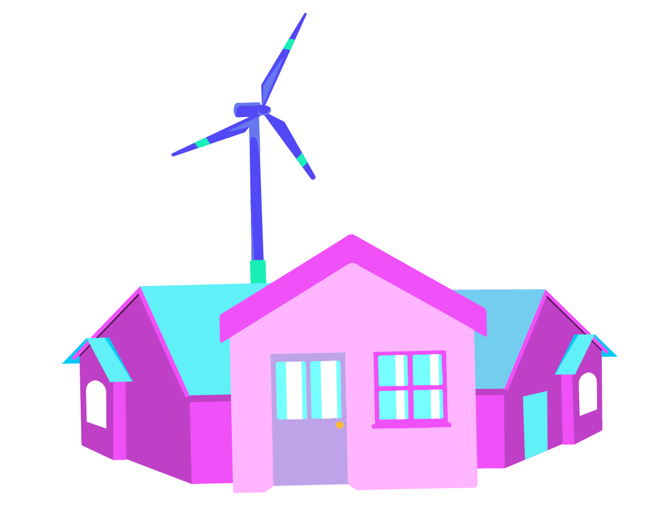 Colorful illustration of three connected houses with a wind turbine on the roof, featuring shades of pink, blue, and purple.