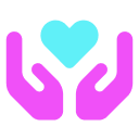 Illustration of two purple hands cupping a blue heart, symbolizing care and support.