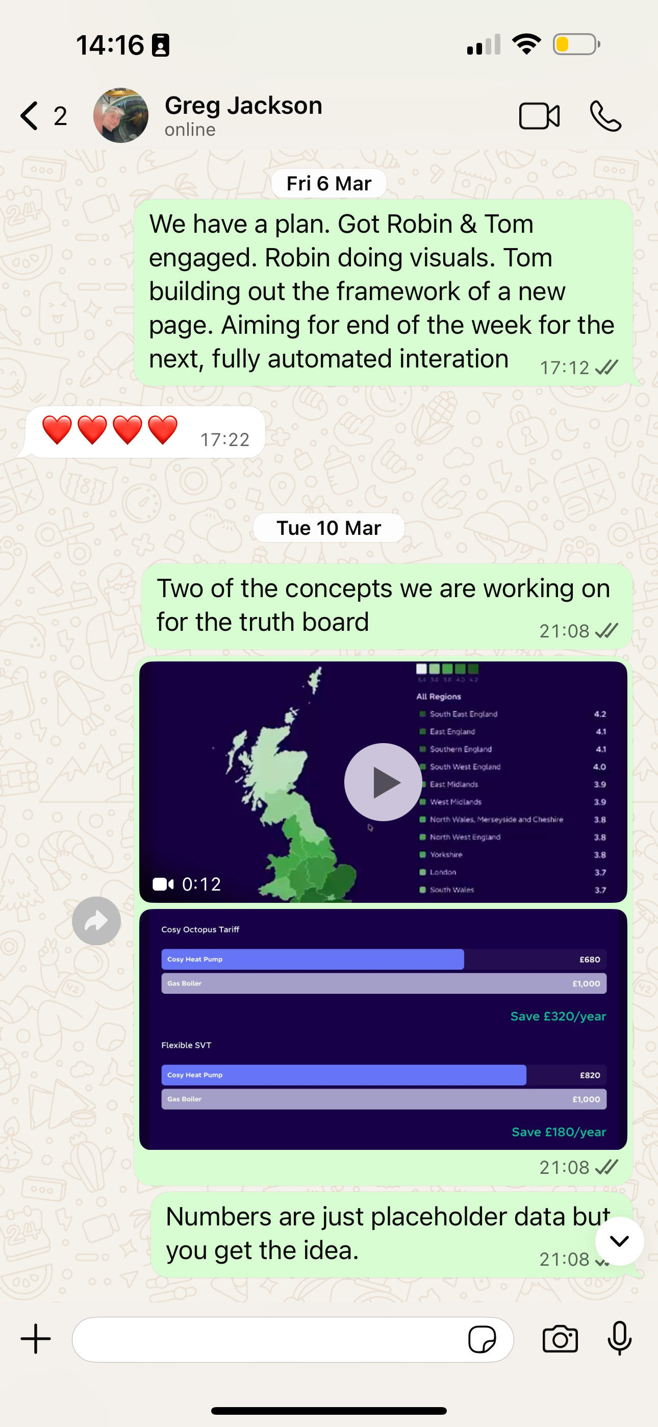 A screengrab from a WhatsApp conversation between TJ Root and Greg Jackson