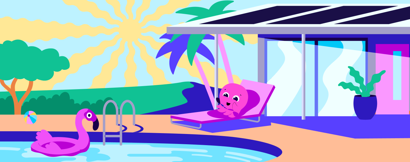 An illustration of a pink octopus sunbathing outside a home with solar panels