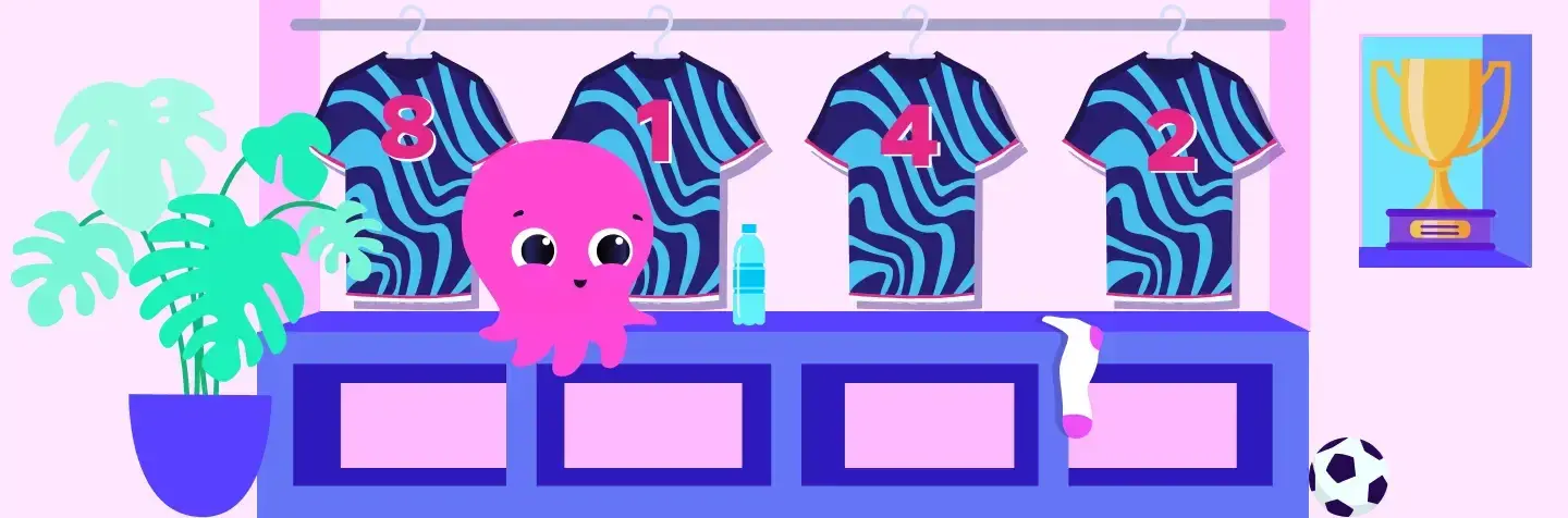Cartoon locker room with numbered jerseys, a cute octopus, plants, a water bottle, trophy, soccer ball, and hanging sock.
