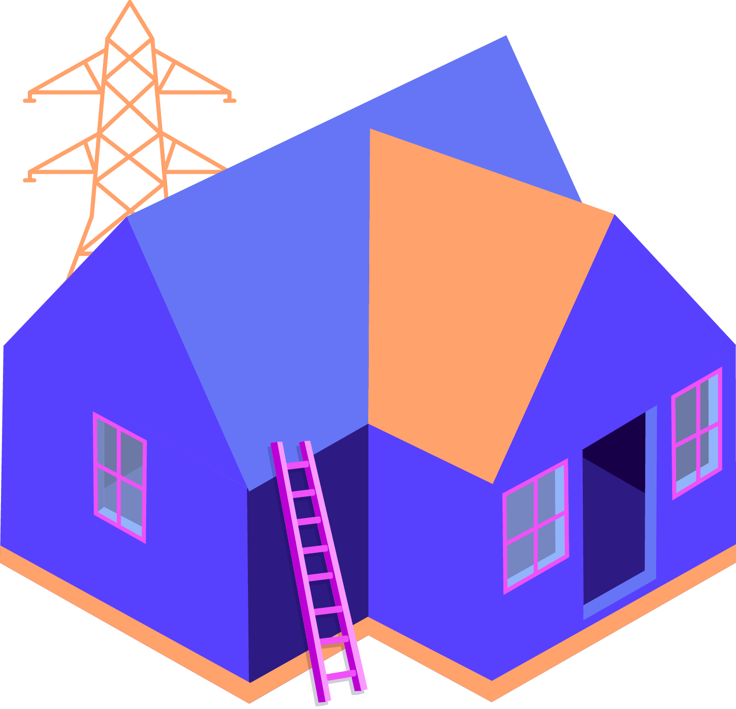 Illustration of a blue house with orange accents, pink ladder leaning against it, and a power line tower in the background.