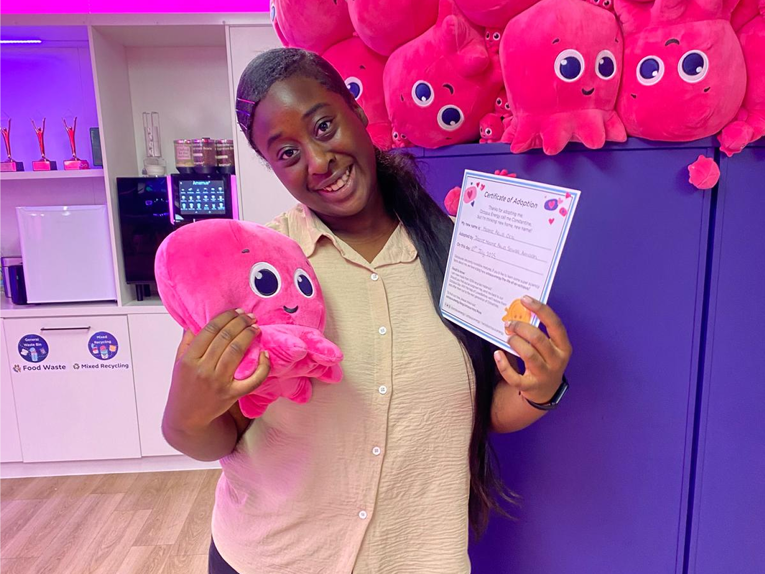 Joanne, an Octopus in Colour intern, shows off her new plushy