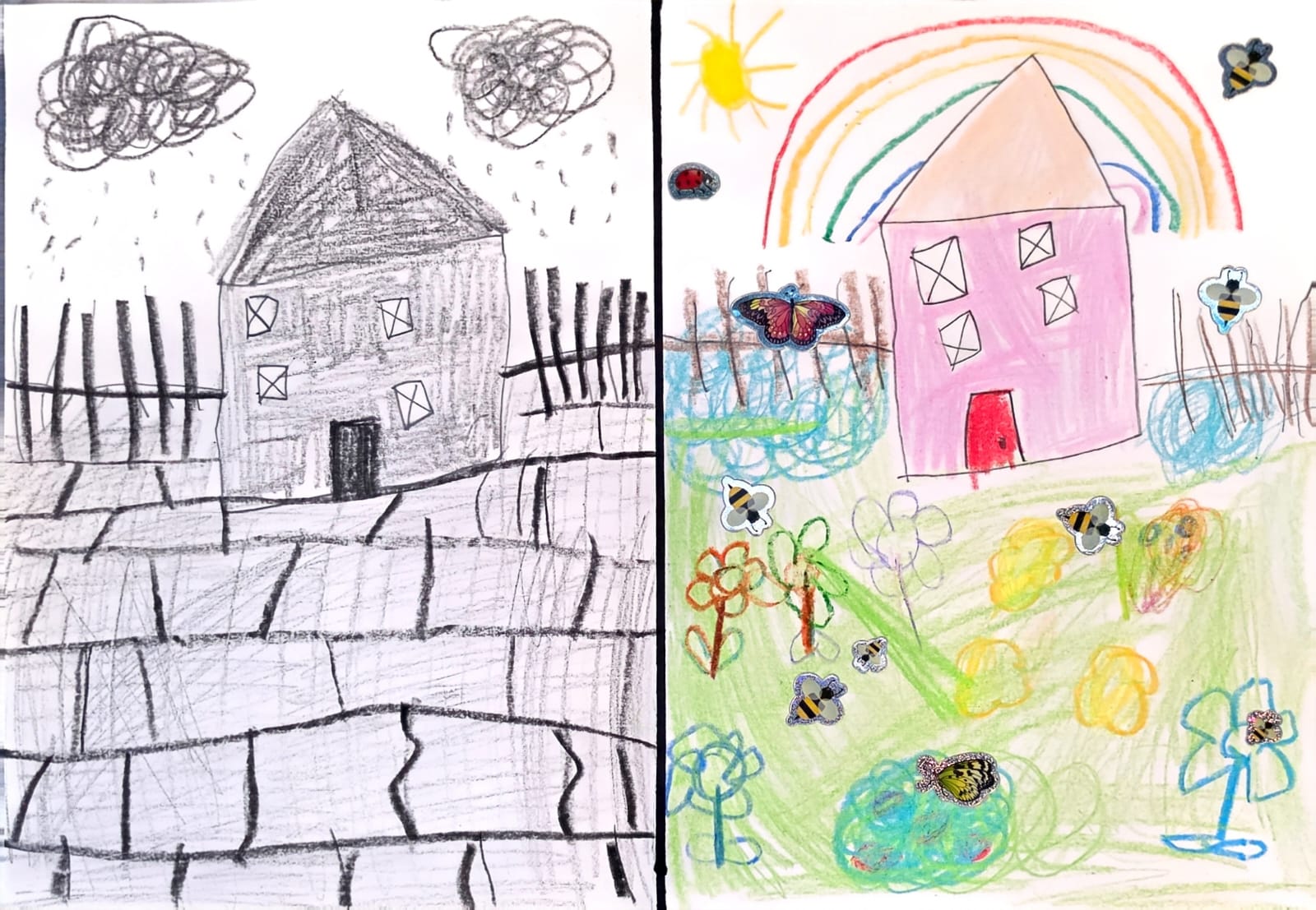 Two children's drawings side by side; a dark rainy scene and a bright colorful house under a rainbow with flowers and insects.