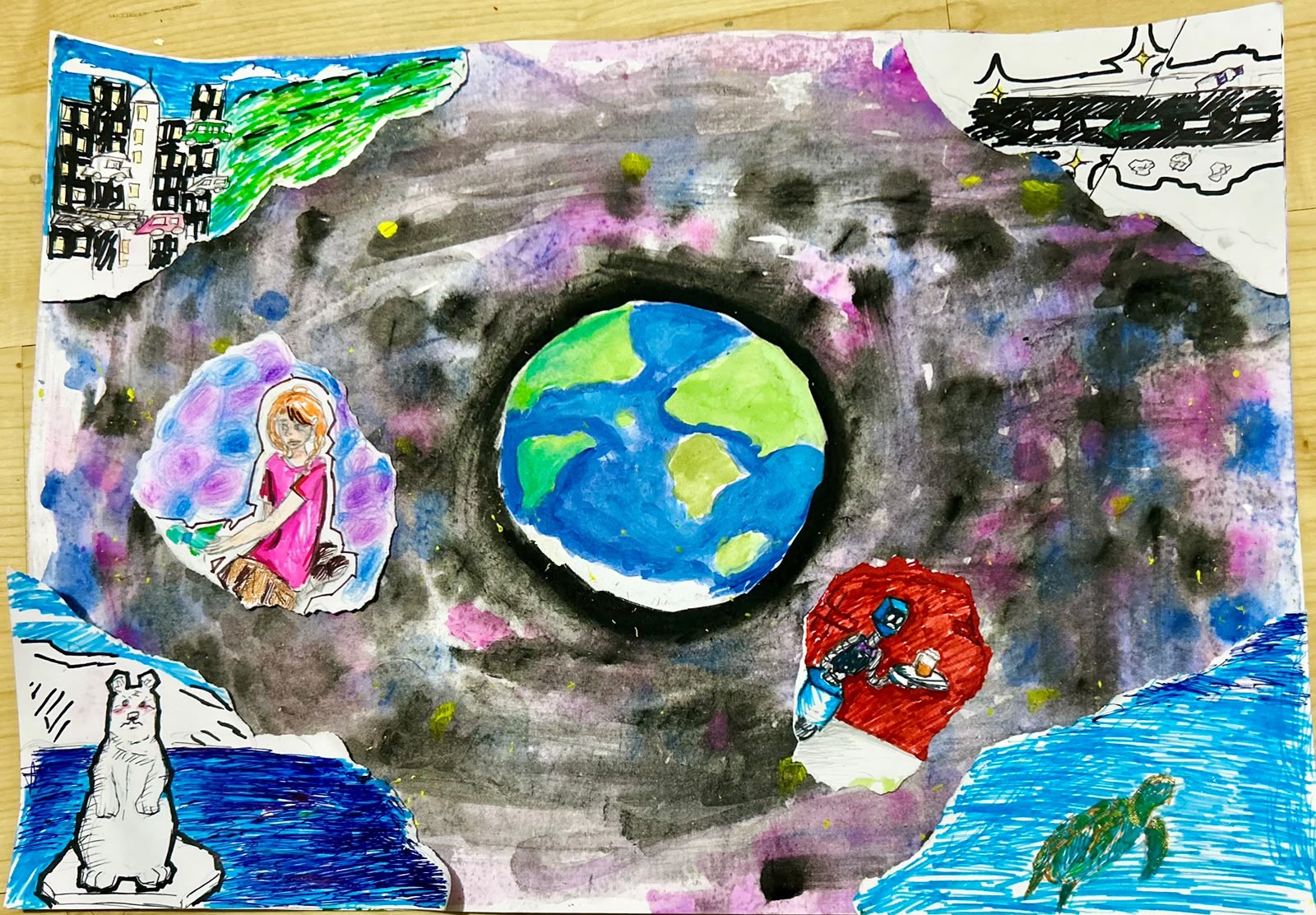 Colorful painting of Earth in space, surrounded by illustrations of a city, a child, an astronaut, a polar bear, a ship, and a turtle.