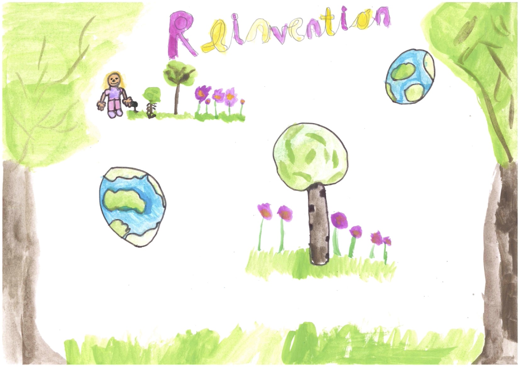A colorful drawing of trees, flowers, a smiling person, two Earth-like planets, and the word "Reinvention" in colorful letters.