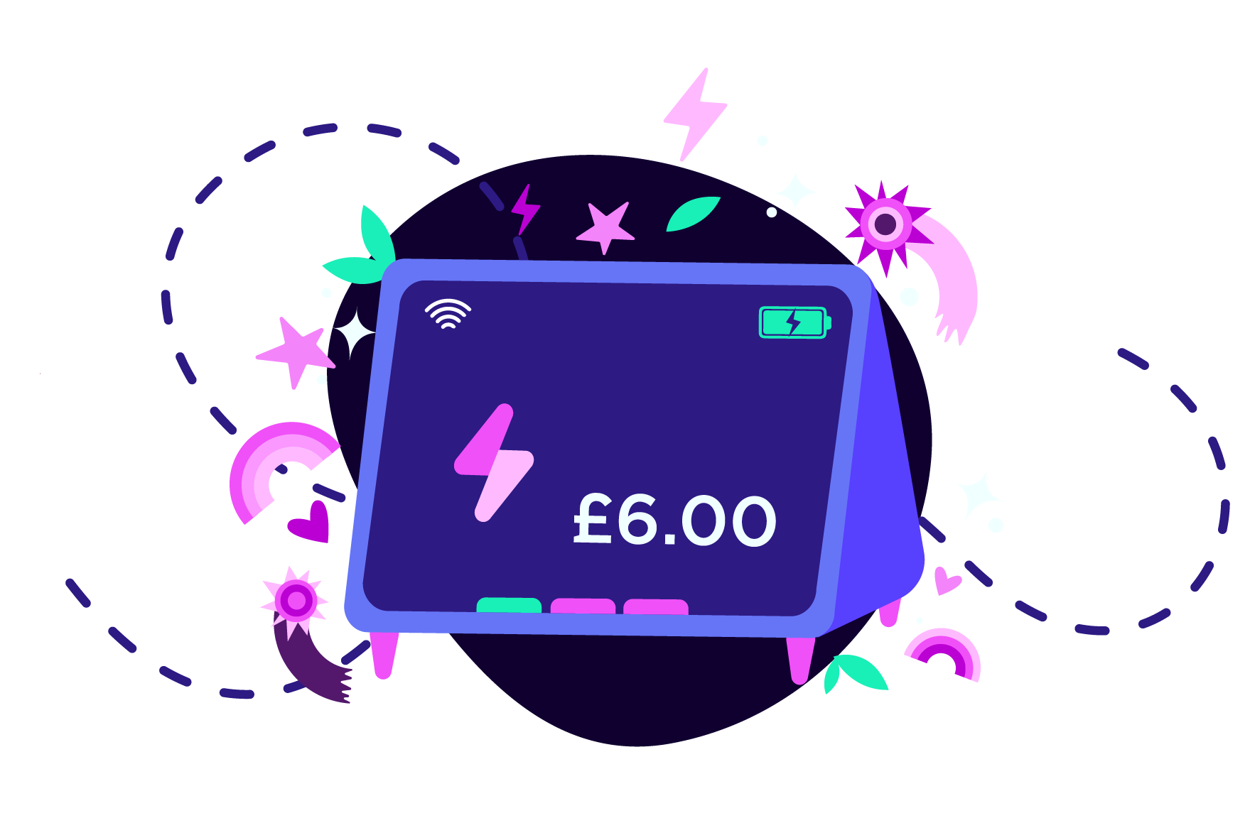 Illustration of a digital display showing £6.00, with a purple lightning bolt, battery icon, and decorative elements like stars and leaves.