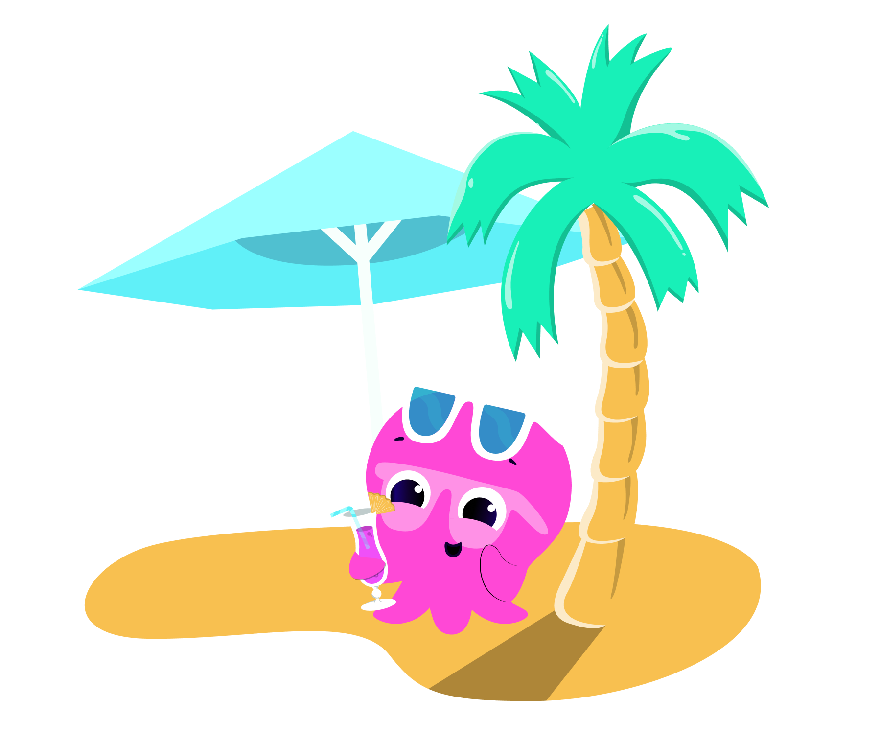A pink cartoon octopus wearing sunglasses, holding a cocktail, sits on a beach under a palm tree and blue umbrella.