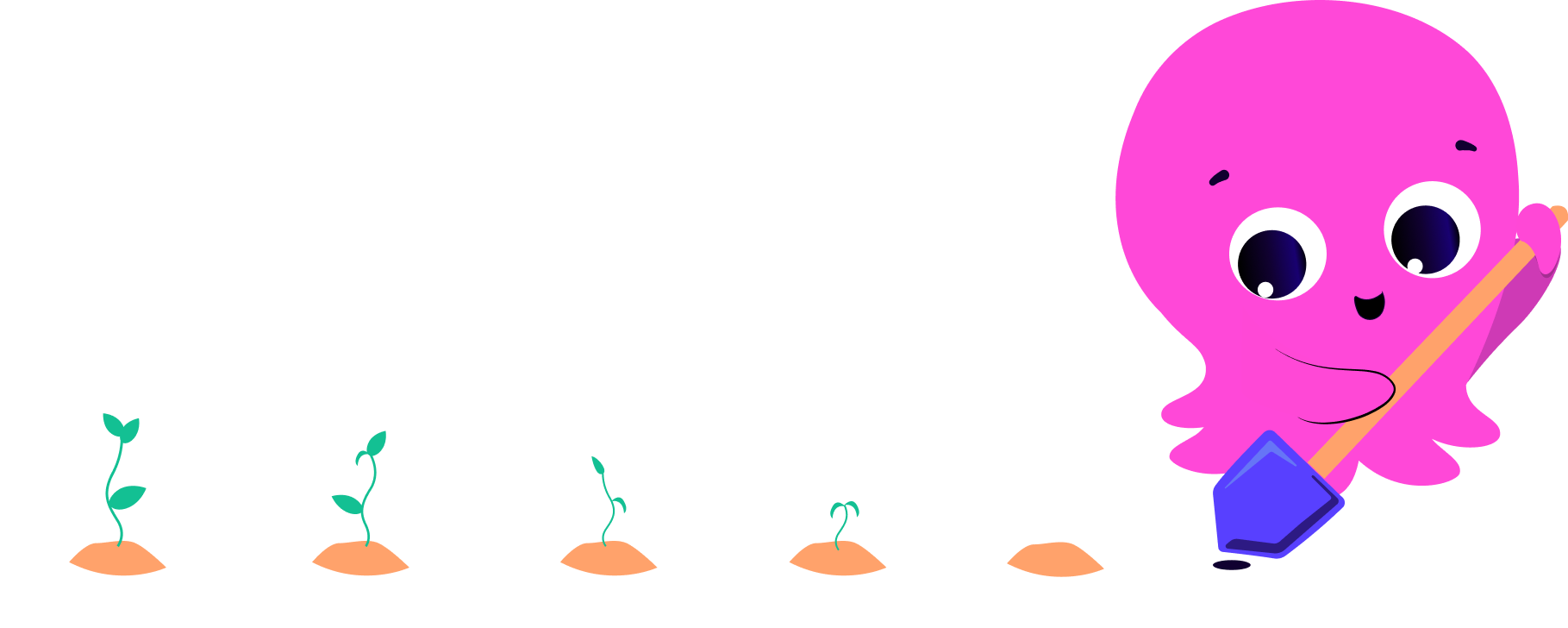 Illustration of a pink octopus planting trees