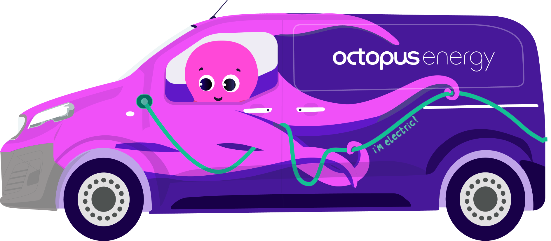 A cartoon octopus driving a purple electric van with "Octopus Energy" branding, holding a charging cable.