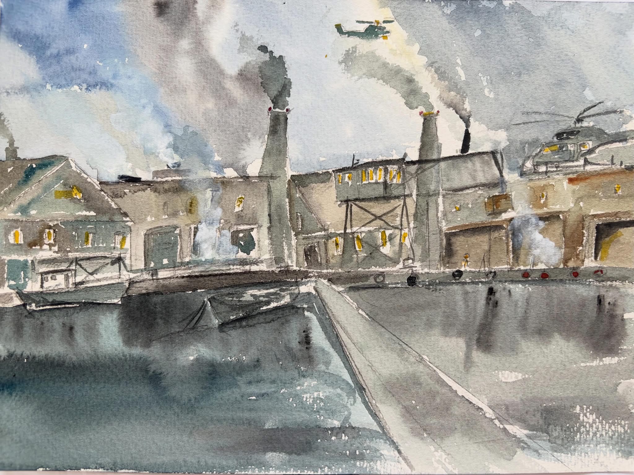 Watercolor painting of an industrial harbor scene with buildings, smokestacks emitting smoke, a helicopter overhead, and another on the ground.