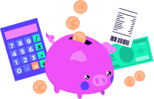 A pink piggy bank surrounded by coins, a calculator, a receipt, and a banknote, illustrating money management and savings.