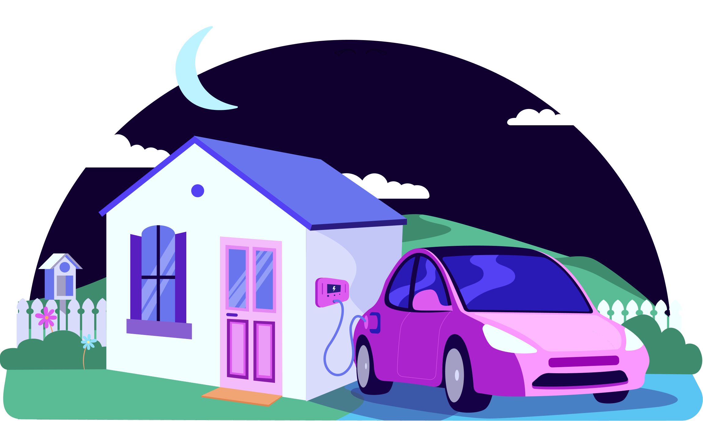 An EV charging outside a house at nighttime