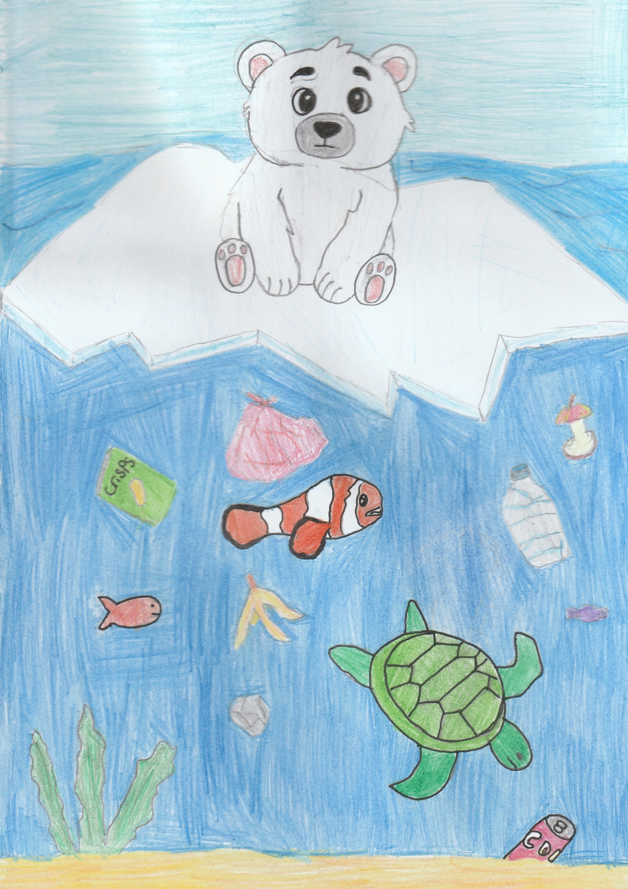 A sad-looking cartoon polar bear sits on ice above an ocean polluted with various trash, including bottles, bags, and cans, alongside sea life.