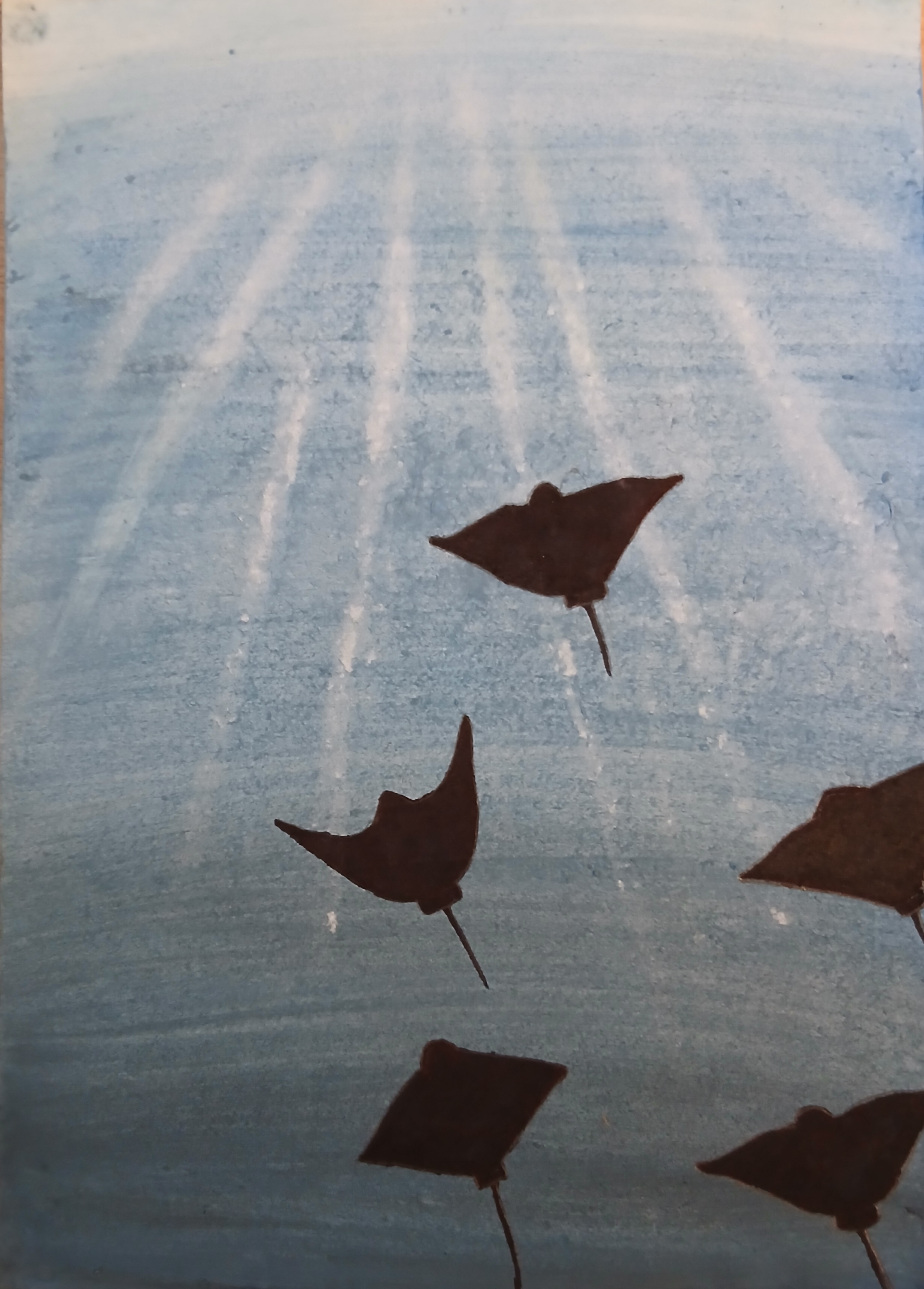 Silhouettes of manta rays swimming underwater with light beams filtering through the ocean.