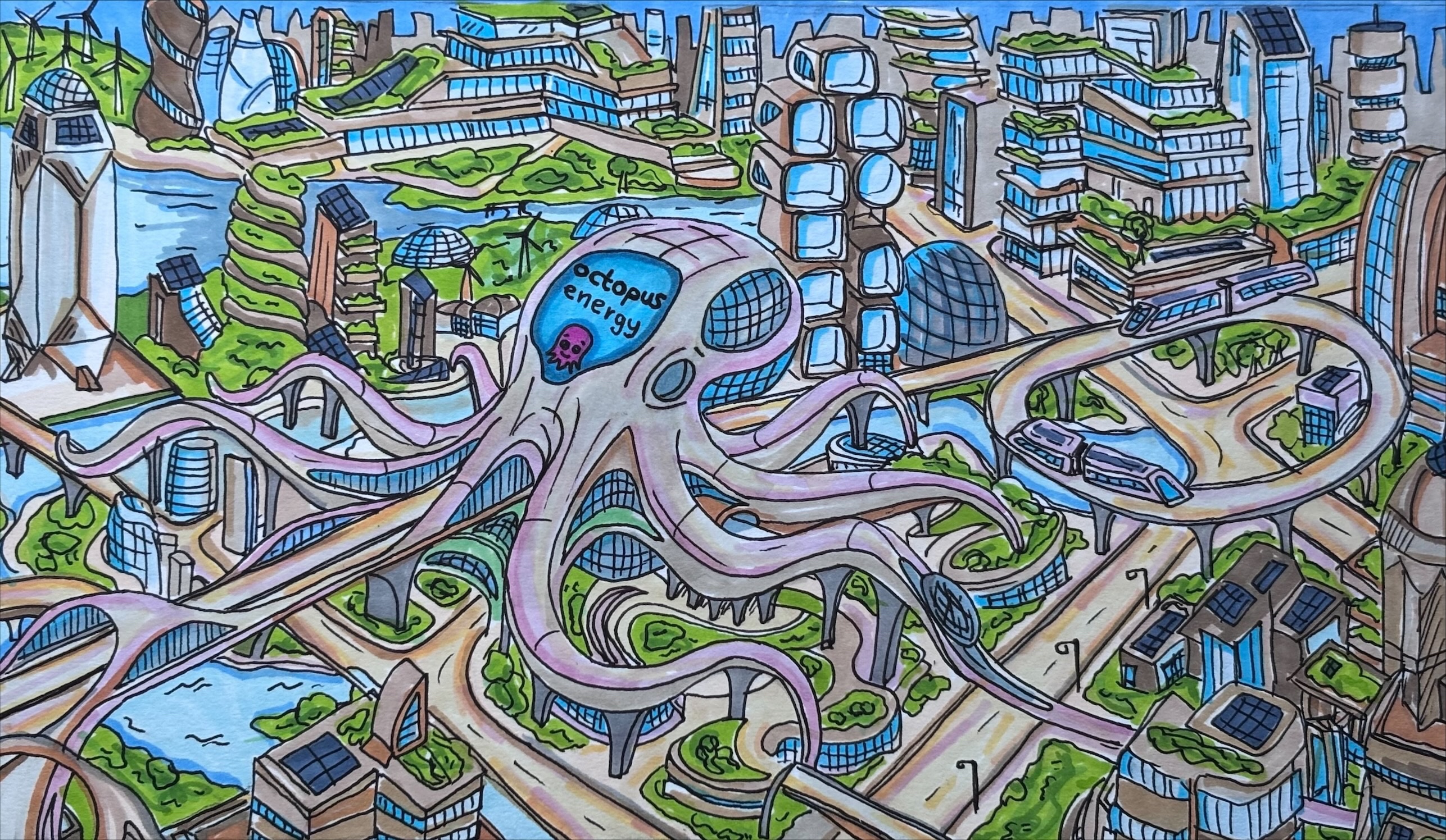 Futuristic cityscape with an octopus-shaped energy hub, solar panels, greenery on buildings, wind turbines, and elevated transit systems.
