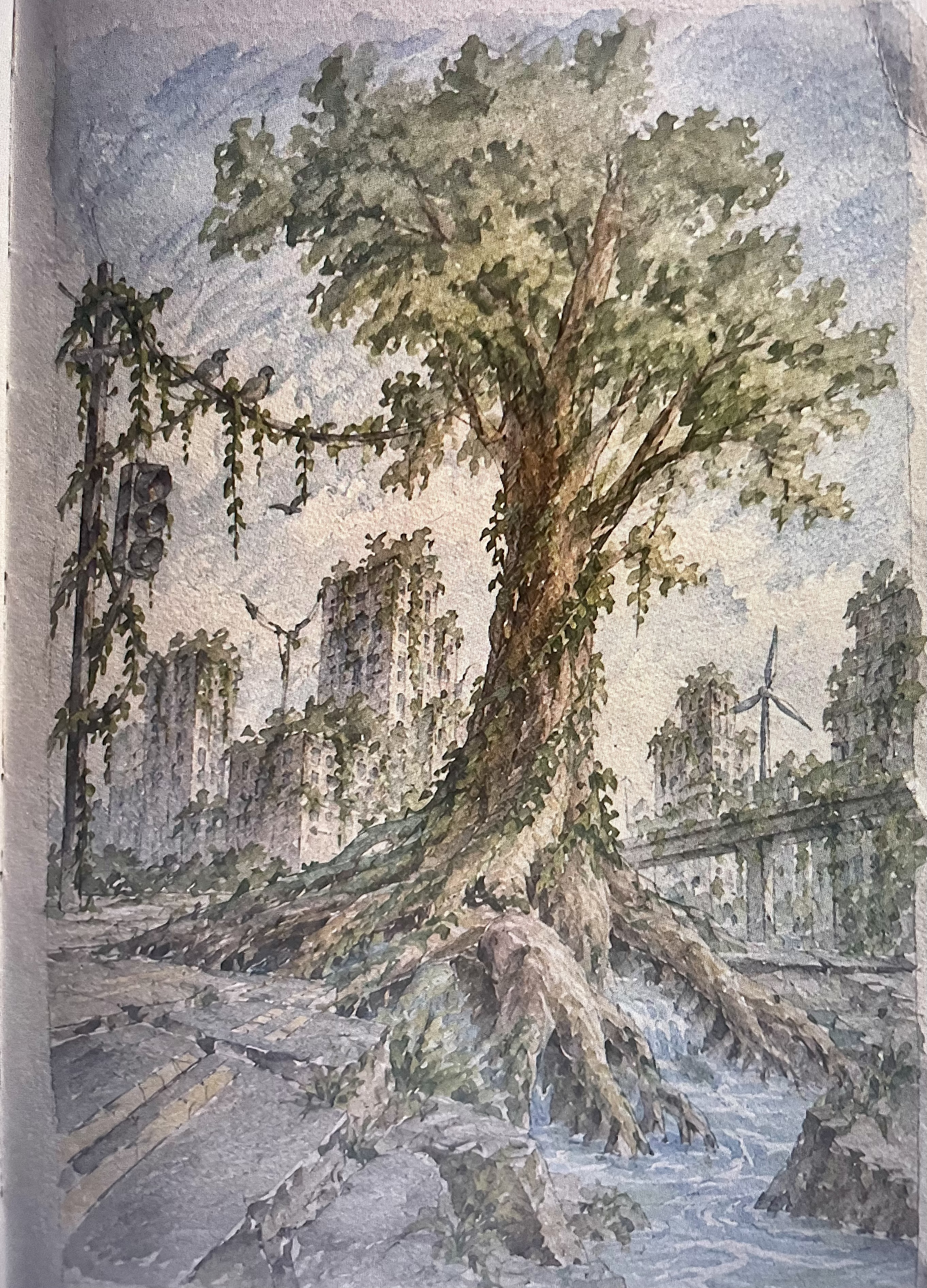 A large tree with roots spreading across an old street, surrounded by overgrown skyscrapers and wind turbines, symbolizing nature reclaiming urban space.