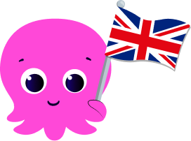 Cartoon pink octopus smiling, holding a small British flag