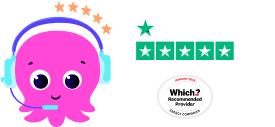 Pink octopus with headphones, five-star Trustpilot rating, and Which? Recommended Provider badge.