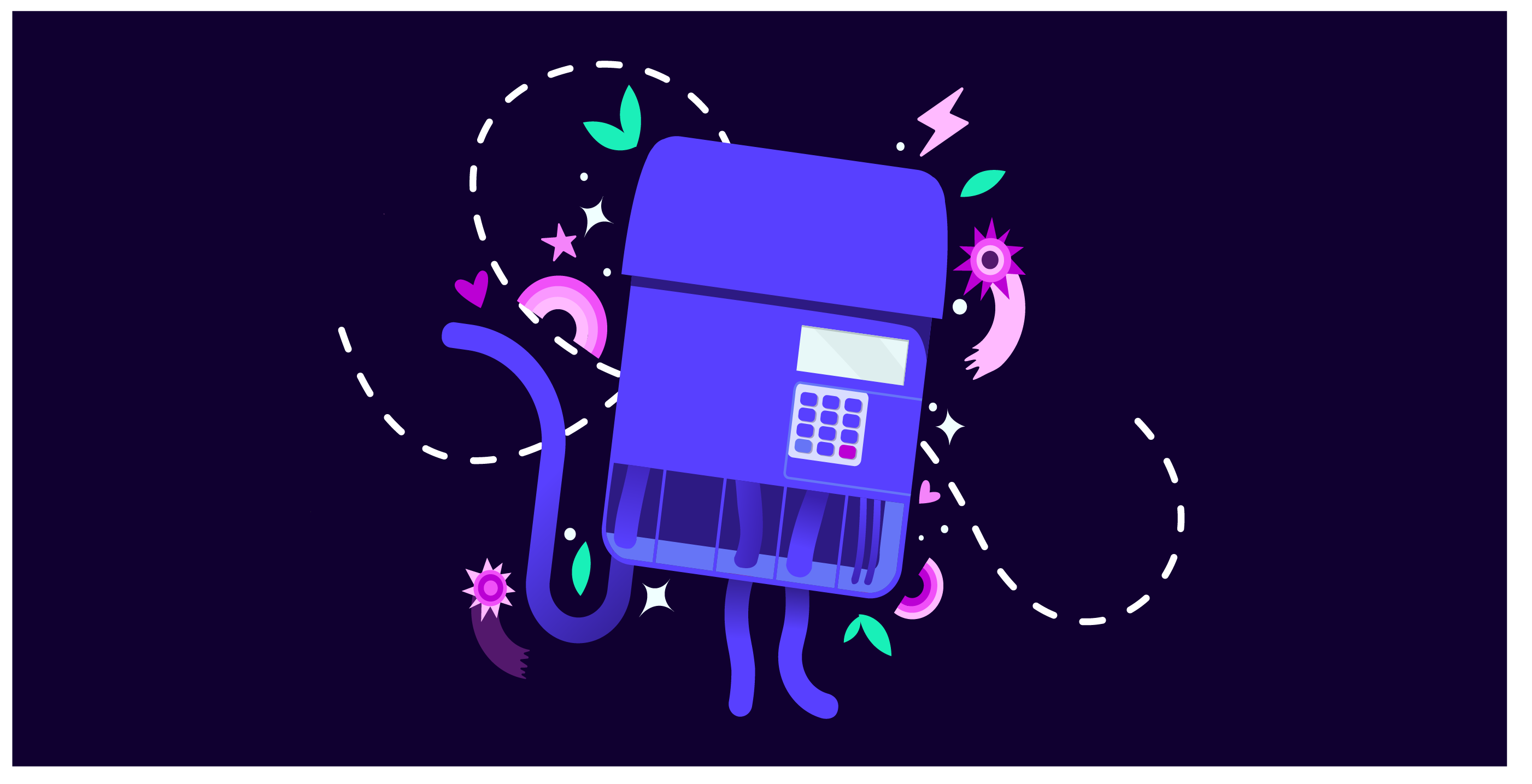 A whimsical, purple robot with a keypad and long limbs floats against a dark background adorned with colorful shapes and doodles.