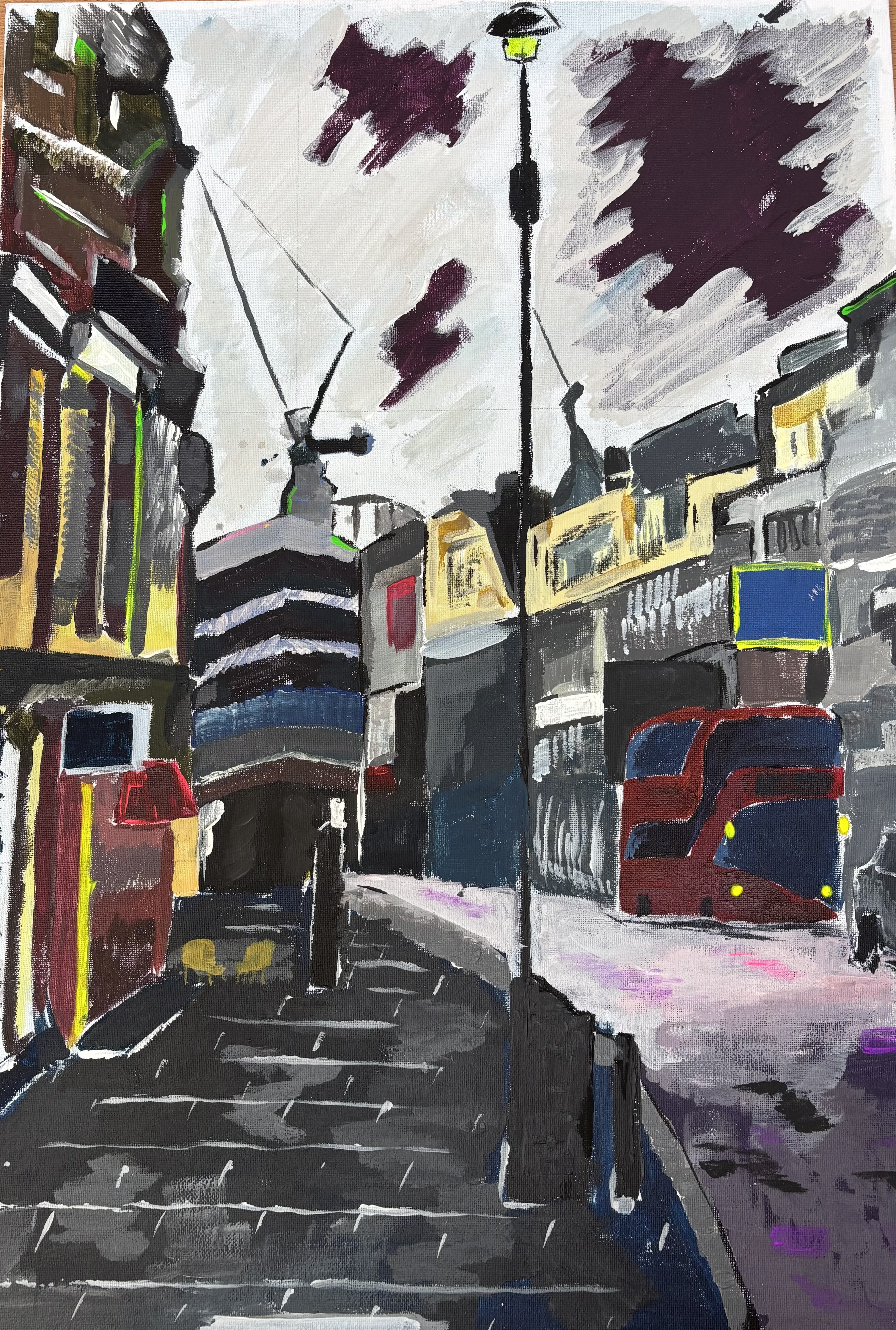 Abstract painting of an urban street scene with buildings, a double-decker bus, streetlight, and dramatic sky with dark purple clouds.