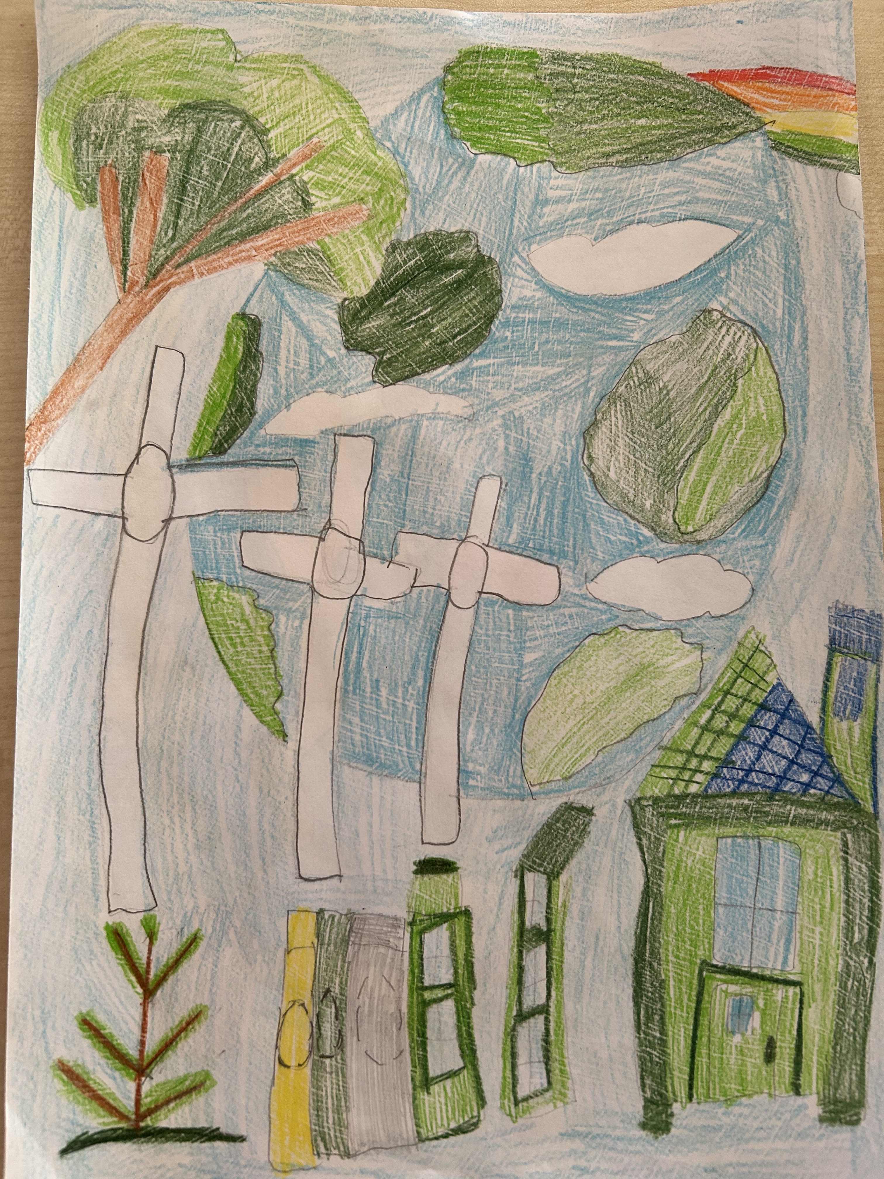 Child's drawing of green landscapes: trees, wind turbines, colorful clouds, and a house, all under a blue sky.