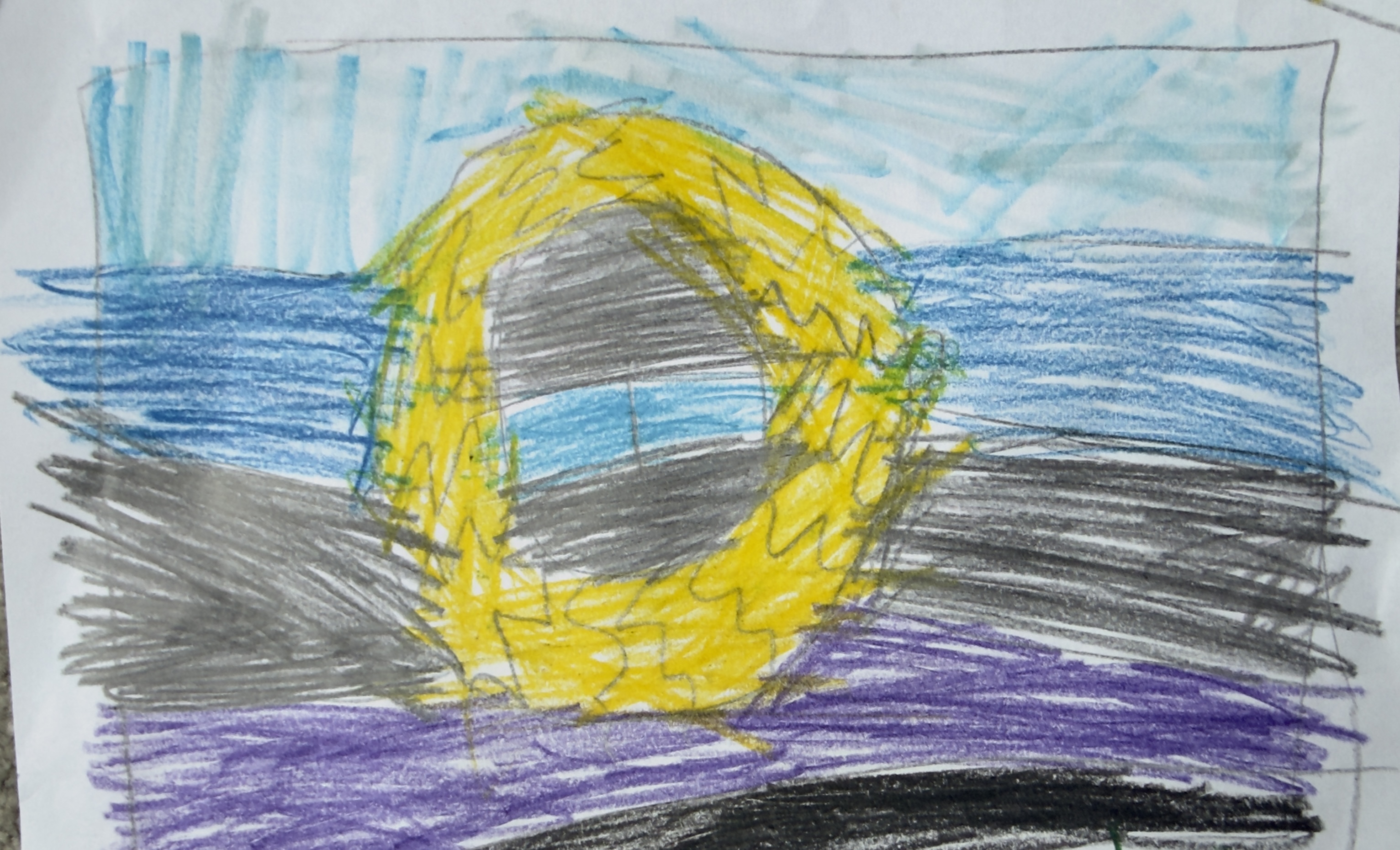 A colorful crayon drawing with a yellow oval shape in the center, surrounded by blue, gray, and purple horizontal lines.