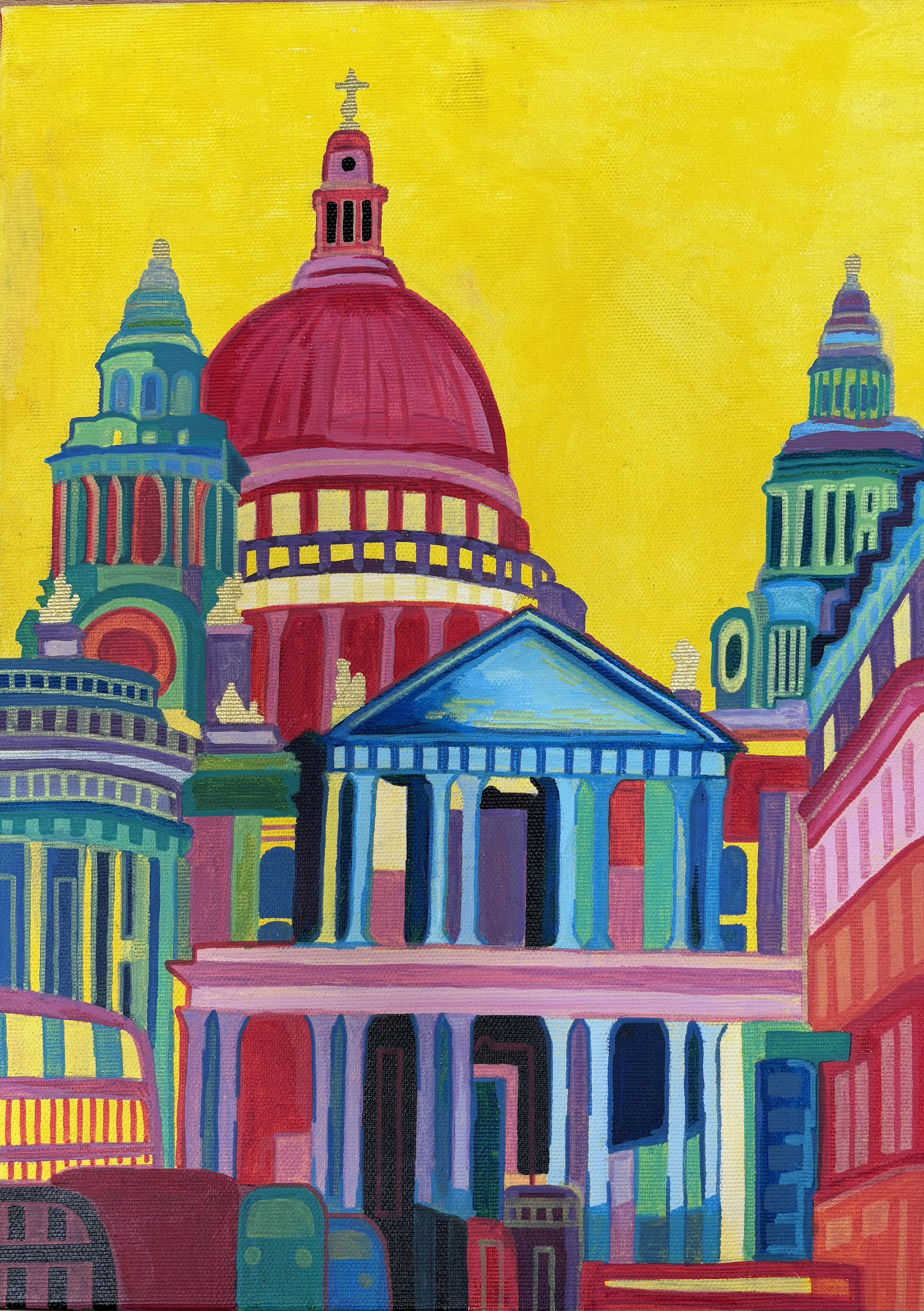 Colorful abstract painting of classic and domed architecture against a vivid yellow background.