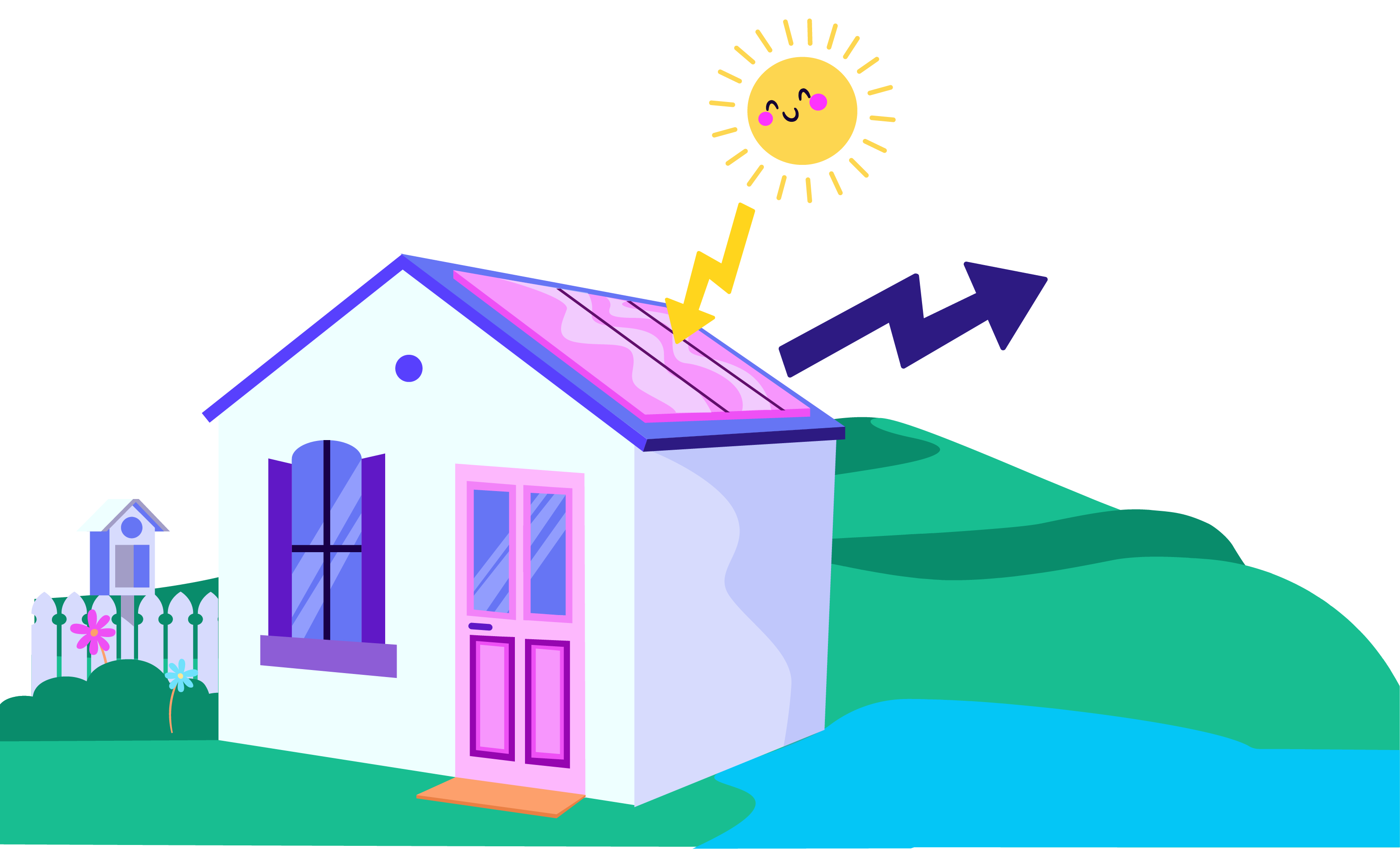 A house with solar panels on the roof absorbs sunlight. Smiling sun and arrow illustrate energy generation. Hills and clouds in the background.