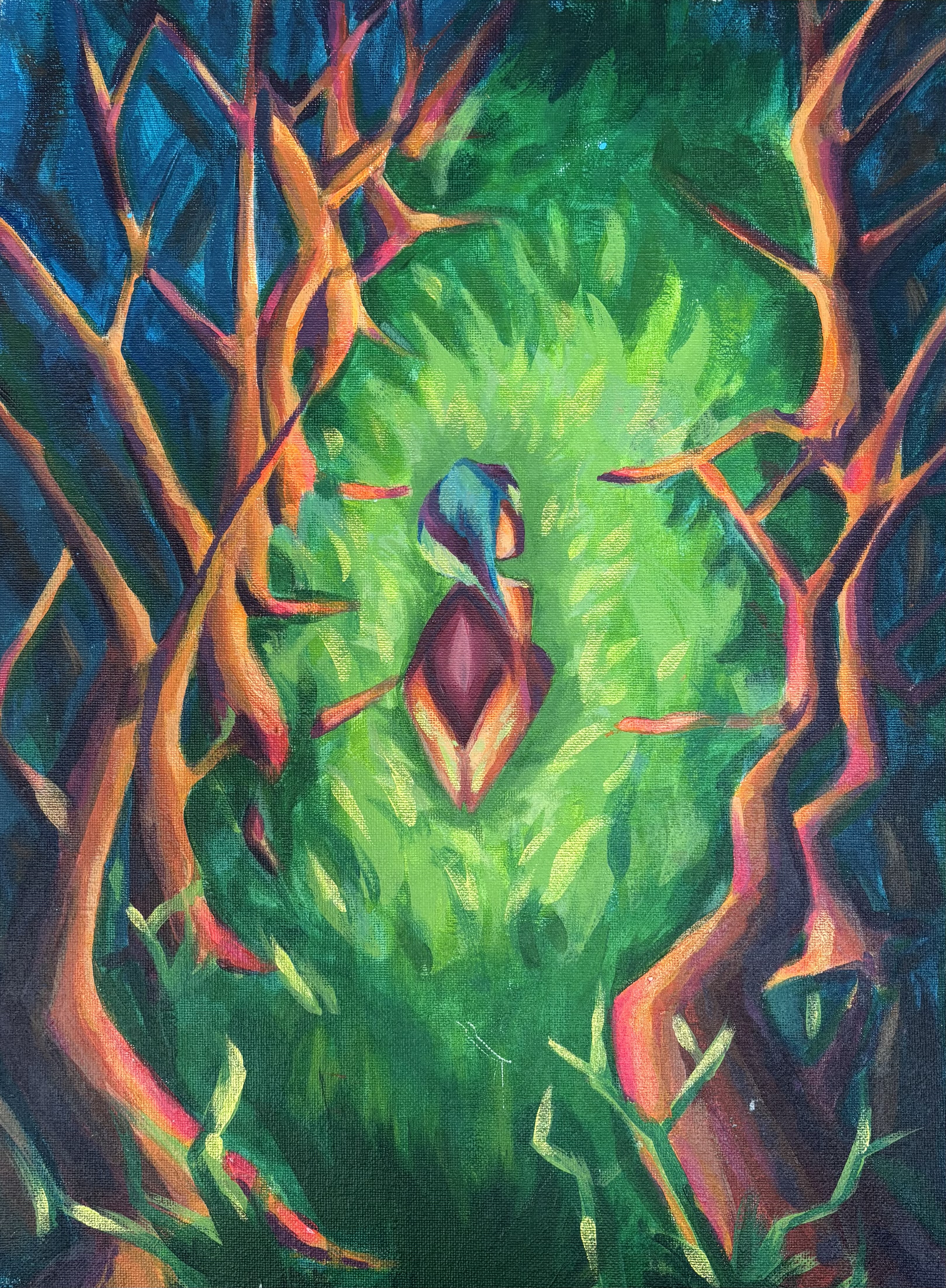 Colorful abstract painting of a vibrant forest with swirling greens, blues, and oranges, highlighting twisting branches enveloping a central figure.