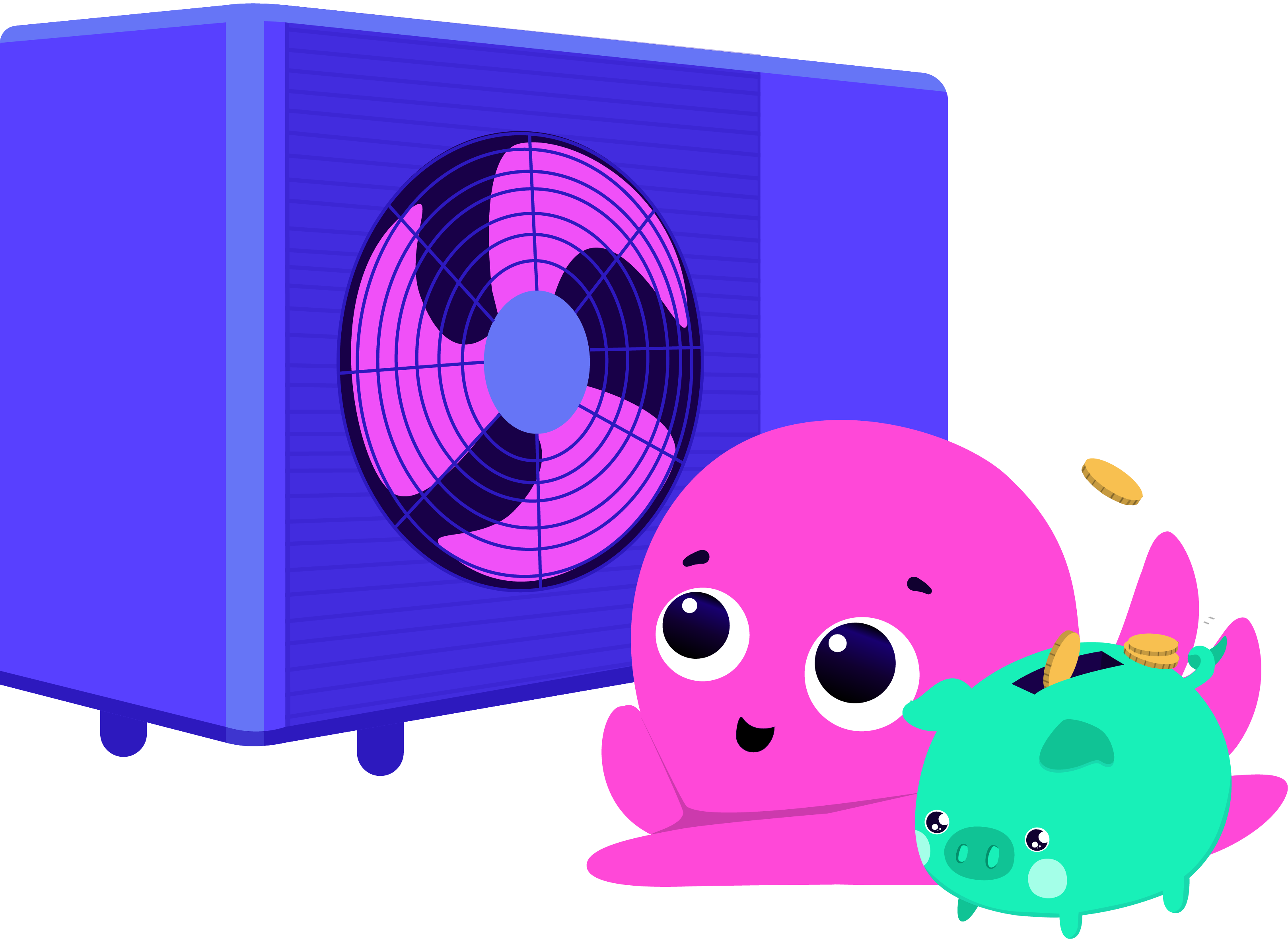 Cute pink creature and teal piggy bank beside a large purple and pink fan, with coins being inserted into the piggy bank.