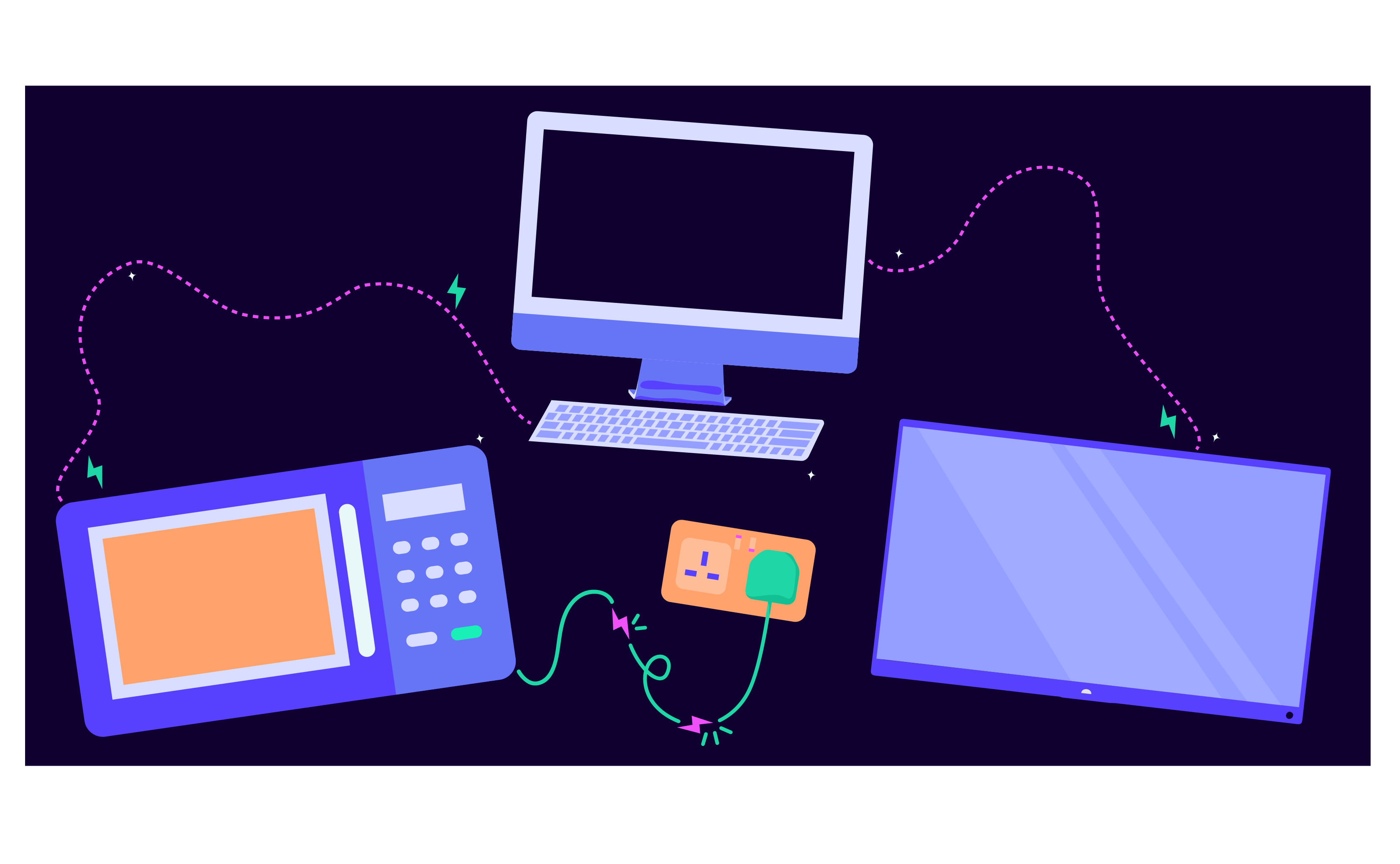 Illustration of a computer, monitor, microwave, and plug socket connected by dotted lines on a dark background.